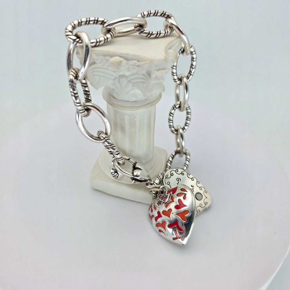 BRIGHTON "Power of Pink" Bracelet Breast Cancer Charm Red & Pink Silver Plate 8"